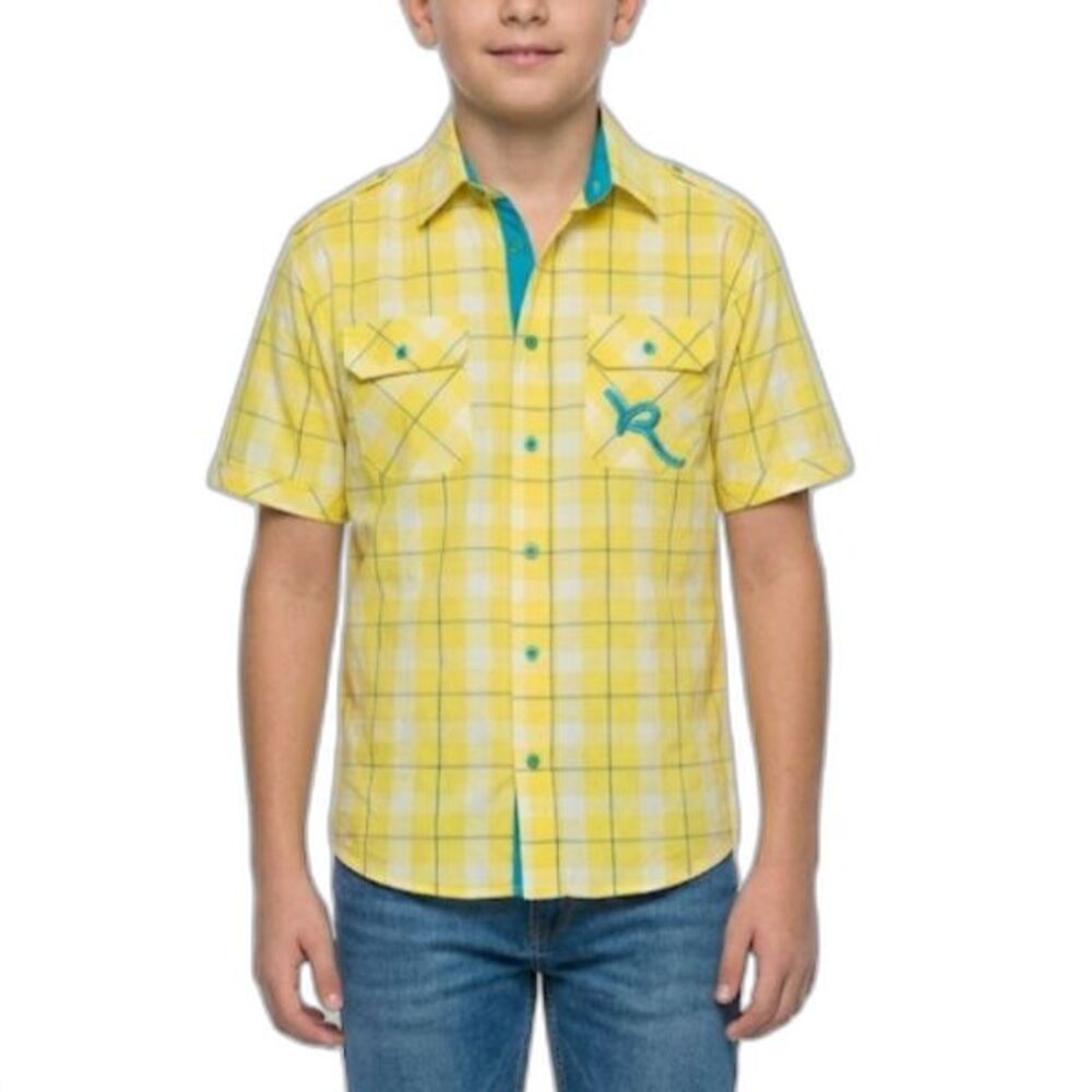 RocaWear Boys Yellow Blue Plaid SS Y2K Button Front Shirt Size M (10-12)